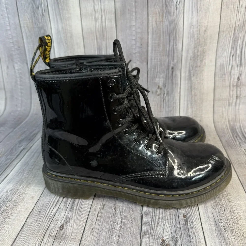 Dr Martens 1460 Junior/Kids Patent Leather Boots Size 4Y Black Lace Up/Zip